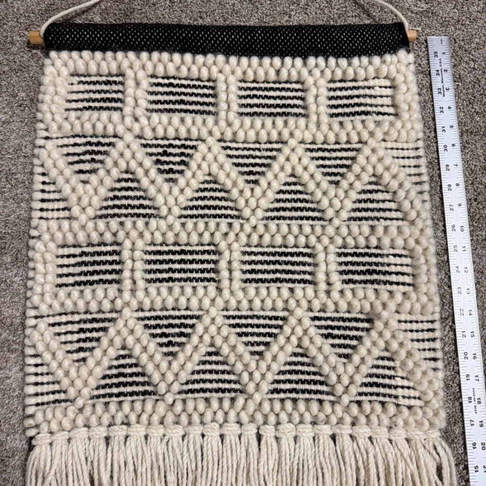 Boho Woven Wall Hanging Cream Black Geometric Textured Fringe Tapestry Art 18x30